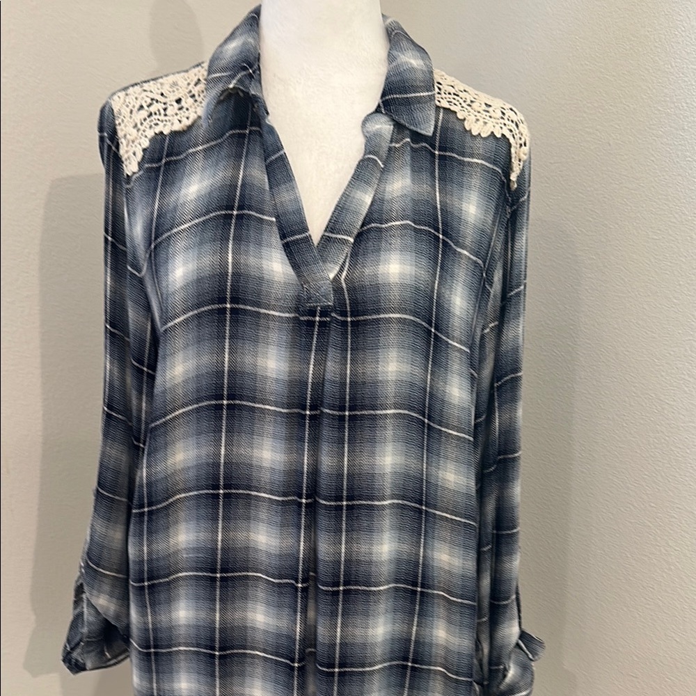 Style & Co. Blue Plaid Button-Down Shirt with Lace